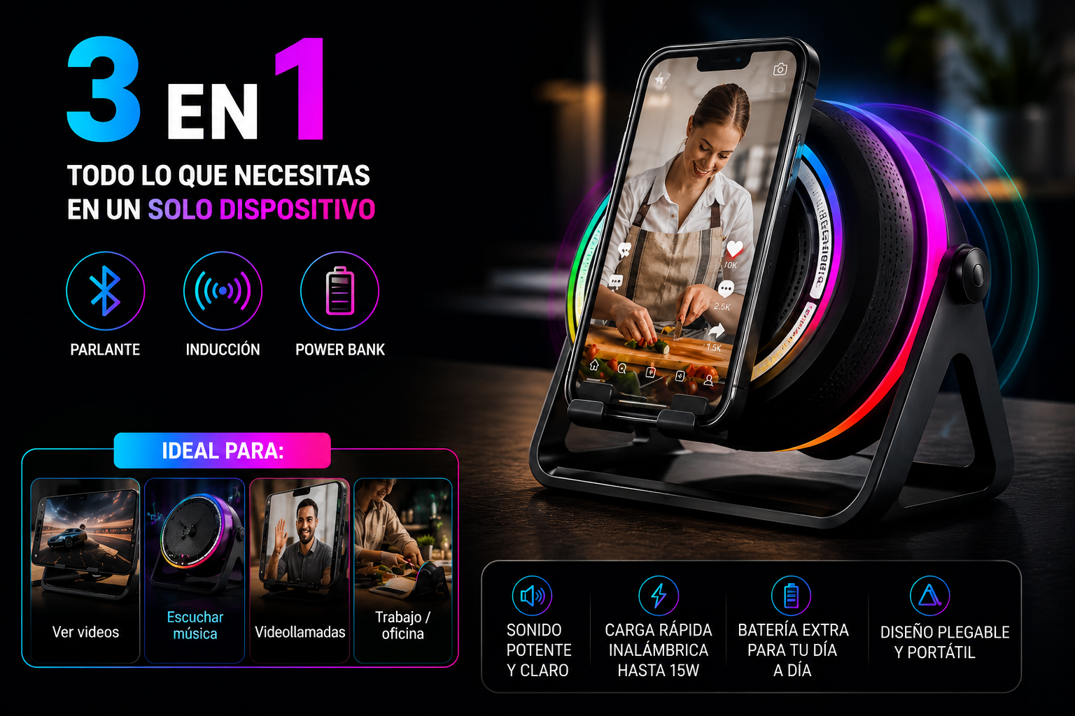 ALTAVOZ INALAMBRICO CON INDUCCION DE AUDIO-BLUETOOTH Y CARGADOR
