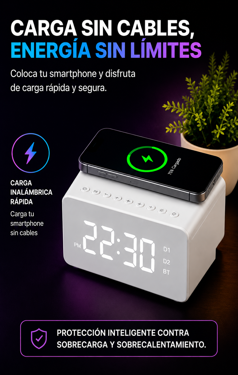 PARLANTE  DESPERTADOR INTELIGENTE Y CARGADOR  INALAMBRICO