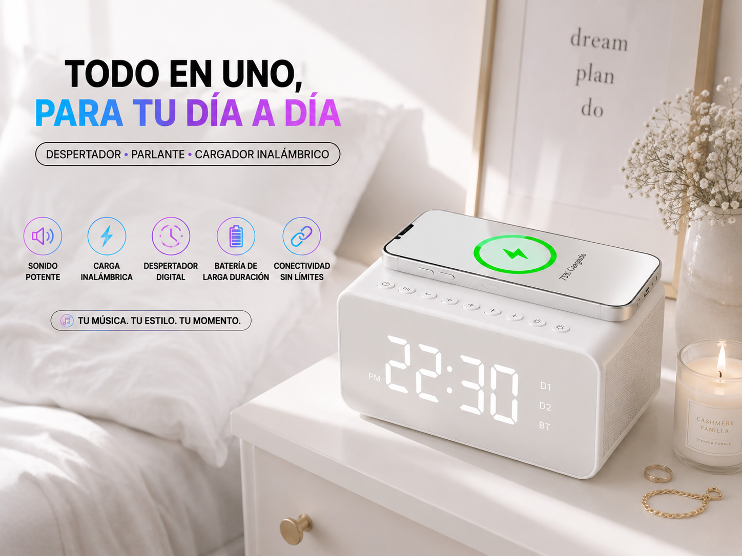 PARLANTE  DESPERTADOR INTELIGENTE Y CARGADOR  INALAMBRICO